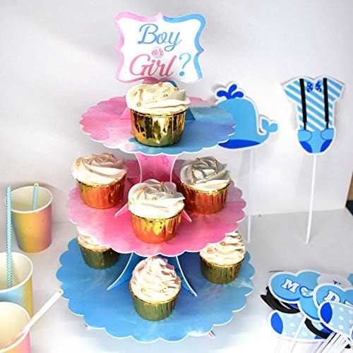 Gender Reveal Cupcake Stand Gender Reveal Party Favors Blue and Pink 3 Tier Cardboard Cake Stand for Party Decorations - Image 5