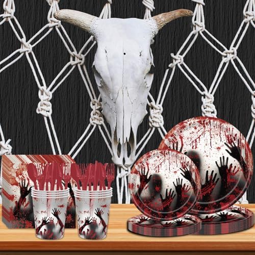 168 Pcs Bloody Halloween Supplies Serve 24 Zombie Horror Halloween Birthday Party Decorations Scream Bloody Good Time Party Plates and Napkins Dinnerware Set Horror Movie Decorations - Image 4