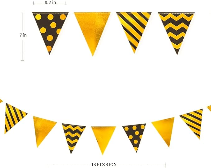 39 Ft Black Gold Triangle Pennant Banner Metallic Foil Polka Dot Stripe Paper - Image 2