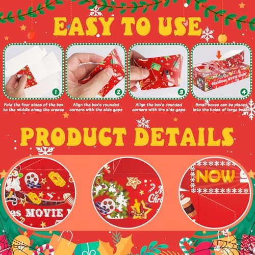 48 Pcs Christmas Party Supplies Movie Night Paper Snack Trays Xmas Party Decorations Christmas Birthday Favors Snowman Family Movie Popcorn&Drink&Candy Box - Image 3
