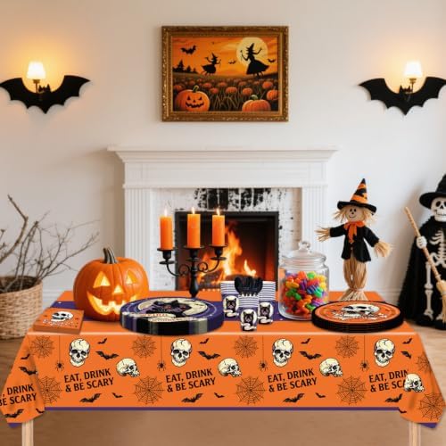 145 Pcs Spooky Halloween Party Tableware Set – Black Cat Skull Disposable Plates, Cups, Napkins and Tablecloth for Gothic Trick or Treat, Haunted House Halloween Party Supplies for 24 Guests - Image 4