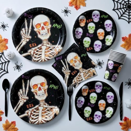 168pcs Halloween Plates Napkins Skeleton Plates Halloween Party Supplies - Image 4