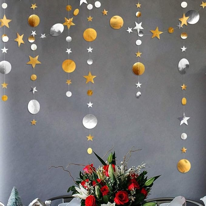 Gold Silver Party Star Circle Dot Decoration Gold Silver Hanging Garland - Image 2