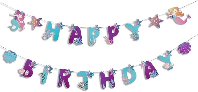 SUNBEAUTY Mermaid Happy Birthday Banner Little Mermaid Theme Birthday by SUNBEAUTY