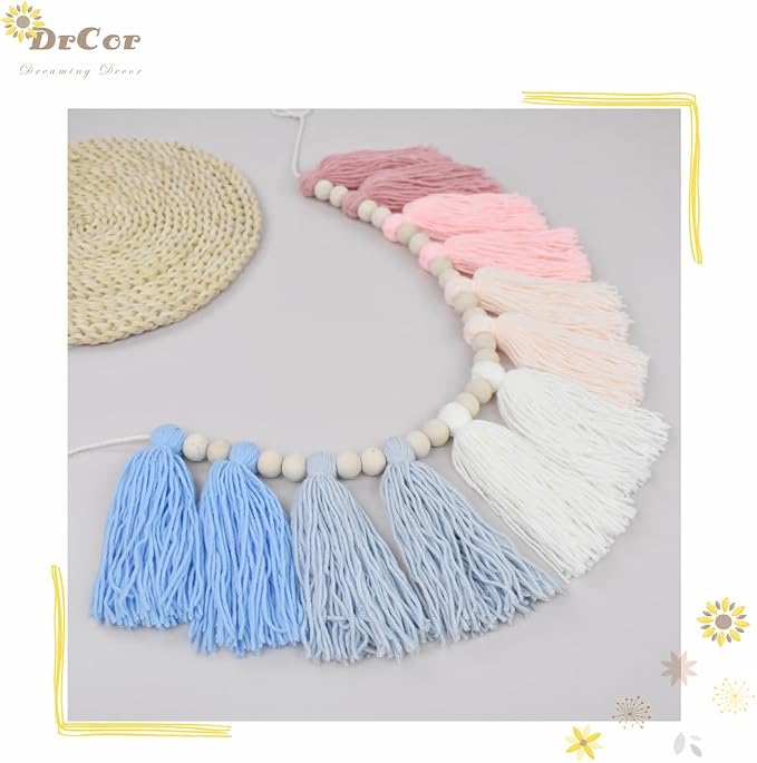 DrCor Pink & Blue Tassel Garland – Boho Nursery Decor | Preppy coastal yarn - Image 5