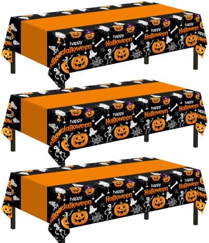 Childom 3 Pack Halloween Tablecloth,Halloween Decorations 54x108 Inch Disposable Plastic Table Cover for Rectangle,Pumpkin Spider Web Ghost Table Cloth for Home Indoor Outdoor Halloween Party Supplies by Childom