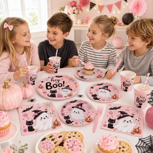 LINHAXM 168 PCS Pink Halloween Party Supplies, Hey Boo Ghost Halloween Plates, Napkins, Cups, Forks, Knives, Straws for Halloween Birthday Baby Shower Decorations, Serves 24 - Image 7