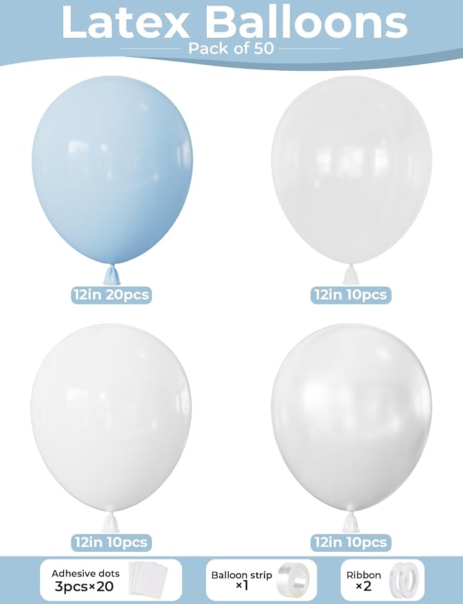 Light Blue and White Balloons, Photo Backdrop | 50PCS 12 Inch Blue and White - Image 4