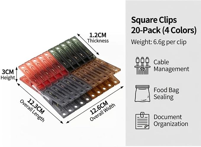 20 Pack Assorted Color Square Plastic Clips - Image 5