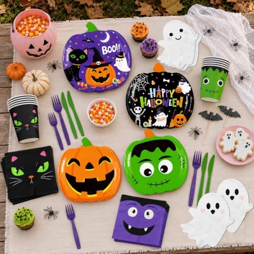 168 Pcs Halloween Party Decorations Pumpkin Shaped Paper Plates Disposable Halloween Plates Napkins Cups for Birthday Table Party Favor Supplies - Image 3