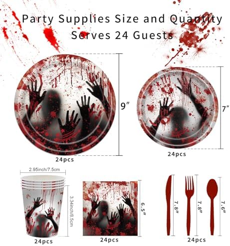 168 Pcs Bloody Halloween Supplies Serve 24 Zombie Horror Halloween Birthday Party Decorations Scream Bloody Good Time Party Plates and Napkins Dinnerware Set Horror Movie Decorations - Image 2
