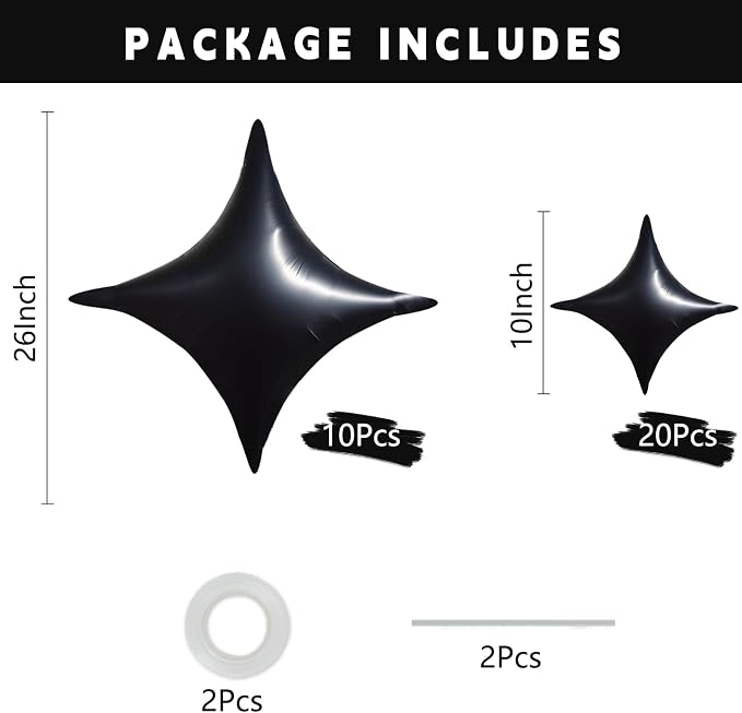 TONIFUL 30 Pcs Four Pointed Star Balloon 26In & 10In Black Foil Balloon | - Image 2