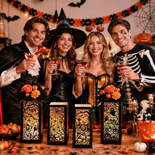 4 Pcs Halloween Table Centerpieces Floral Vase Boxes Spooky Silhouette Cutout Paper Lantern Spider Web Ghost Goodie Candy Boxes for Indoor Table Decor, Party Supplies 5x5x9.5in - Image 5