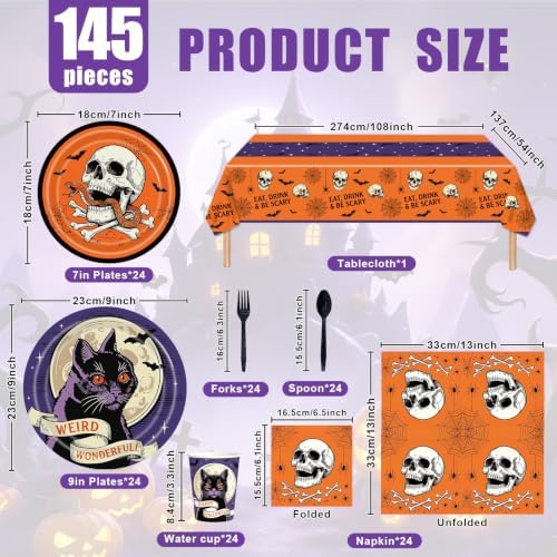 145 Pcs Spooky Halloween Party Tableware Set – Black Cat Skull Disposable Plates, Cups, Napkins and Tablecloth for Gothic Trick or Treat, Haunted House Halloween Party Supplies for 24 Guests - Image 2