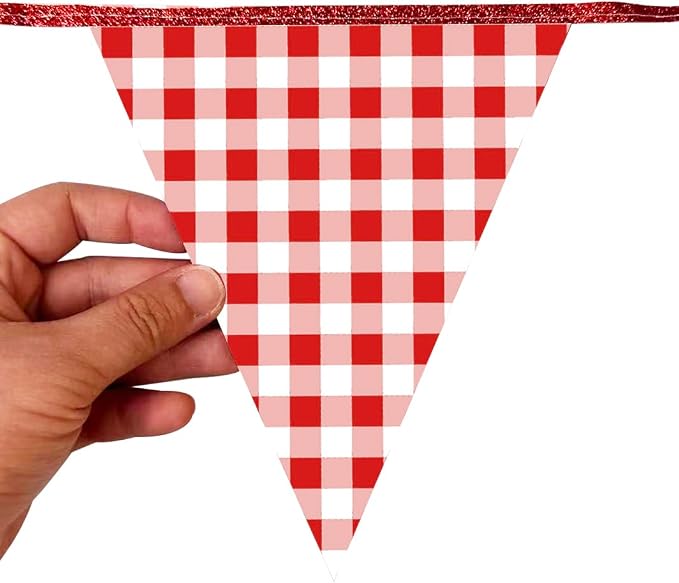 Red Buffalo Plaid Party Decorations Pennant Banner Flag Hanging Red Glitter - Image 6