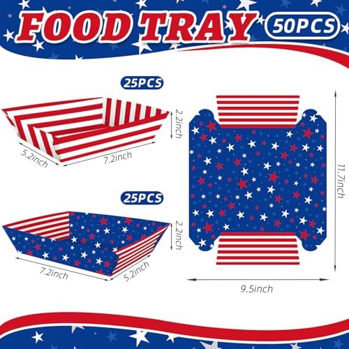 50 Pcs Patriotic Party Snack Trays, Disposable American Flag Paper Serving Boats, Red White and Blue Food Trays for July 4th, Memorial Day & USA Themed Events – 2 Designs - Image 2