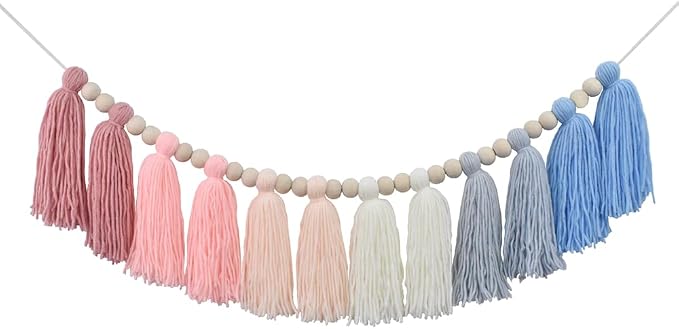 DrCor Pink & Blue Tassel Garland – Boho Nursery Decor | Preppy coastal yarn by DrCorDreamingDecor