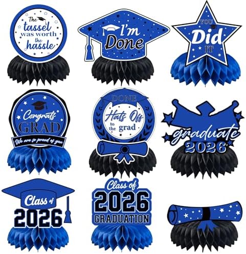 Graduation Decorations 2026 2027 - Blue Graduation Honeycomb for Table Centerpiece | Graduation Party Decorations Class of 2026,Table Toppers for Graduation Party Favors Supplies Indoor Outdoor by OHOME
