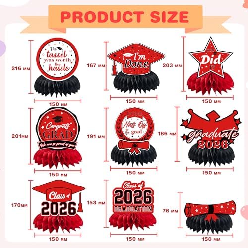 Graduation Decorations 2026 2027 - Red Graduation Honeycomb for Table Centerpiece | Graduation Party Decorations Class of 2026,Table Toppers for Graduation Party Favors Supplies Indoor Outdoor - Image 3