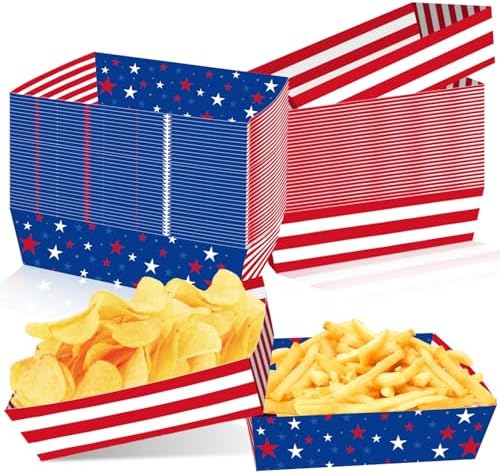 50 Pcs Patriotic Party Snack Trays, Disposable American Flag Paper Serving Boats, Red White and Blue Food Trays for July 4th, Memorial Day & USA Themed Events – 2 Designs by Actilize