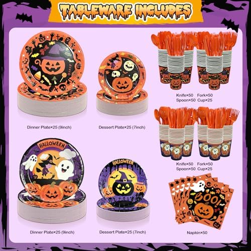 UJoyant 350 PCS Halloween Plates and Napkins Sets, Halloween Party Supplies Includes Disposable Plates Dessert Plates Napkins Cups Plastic Knives Forks Spoons Disposable Dinnerware Set (50 Guest) - Image 2