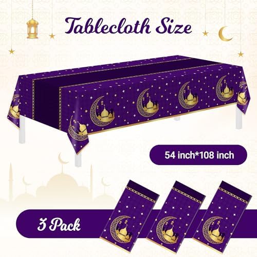 Childom 3 Pack Ramadan Table Cloth,Ramadan Decorations for Home,54" x 108" Eid Mubarak Decorations,Eid Ramadan Tablecloth Rectangular,Purple Plastic Table Cloth Disposable Table Cover for Party Favors - Image 5