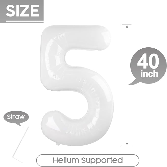 5 Balloon - White Birthday Number Balloons, 40 Inch Decorations Men Women | - Image 5