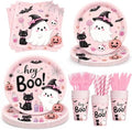 LINHAXM 168 PCS Pink Halloween Party Supplies, Hey Boo Ghost Halloween Plates, Napkins, Cups, Forks, Knives, Straws for Halloween Birthday Baby Shower Decorations, Serves 24 by LINHAXM