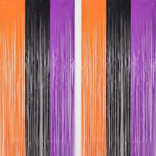 DECOCKRAT Orange&Black&Purple Tinsel Backdrop Foil Fringe Curtains, 2 Pack by DECOCKRAT