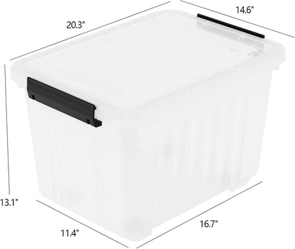4-Pack 50 Quarts Plastic Box with Lids, Large Clear Latch Storage Tote, Stackable Bin with Wheels