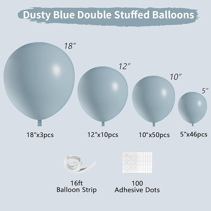Dusty Blue Double Stuffed Balloons Different Size 115Pcs 5/10/12/18" Slate - Image 2