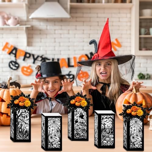 4 Pcs Halloween Table Centerpieces Floral Vase Boxes Spooky Silhouette Cutout Paper Lantern Spider Web Ghost Goodie Candy Boxes for Indoor Table Decor, Party Supplies 5x5x9.5in - Image 3