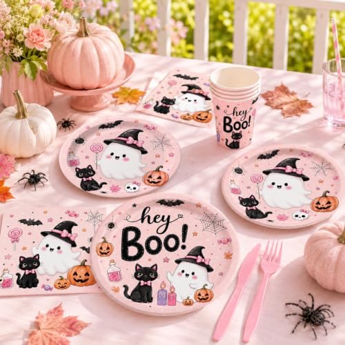 LINHAXM 168 PCS Pink Halloween Party Supplies, Hey Boo Ghost Halloween Plates, Napkins, Cups, Forks, Knives, Straws for Halloween Birthday Baby Shower Decorations, Serves 24 - Image 5