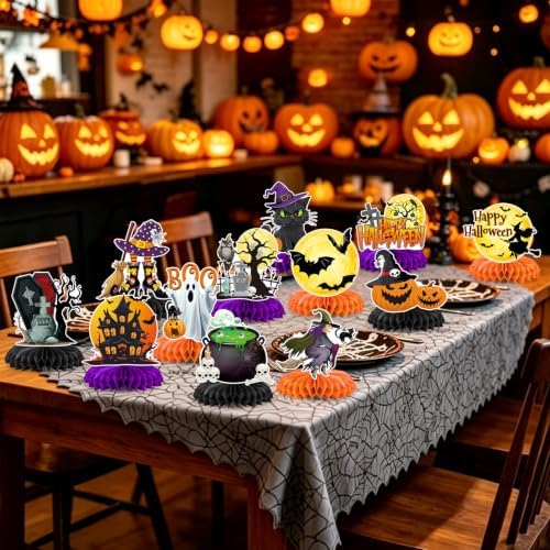12Pcs Halloween Party Decorations Halloween Honeycomb Centerpieces for Table Double Side Spooky Witches Pumpkins Ghosts Table Centerpieces for Halloween Party Home Indoor Office Supplies Decorations - Image 6