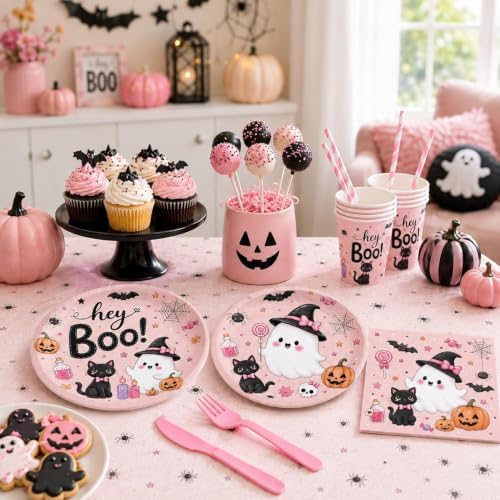 LINHAXM 168 PCS Pink Halloween Party Supplies, Hey Boo Ghost Halloween Plates, Napkins, Cups, Forks, Knives, Straws for Halloween Birthday Baby Shower Decorations, Serves 24 - Image 6
