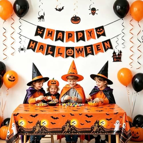 4 Pack Halloween Tablecloth with Banner Hanging Decorations, 54x72 Inch Rectangle Plastic Table Cover Halloween Indoor Outdoor Indoor Decor Party Supplies - Image 7