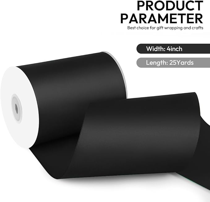 4 Inch 25 Yard Wide Satin Ribbon Black, Solid Fabric Large Ribbon Roll for Cutting Ceremony Wedding Opening Party Decoration, Chairs, Sewing, Festival Pageant Sashes