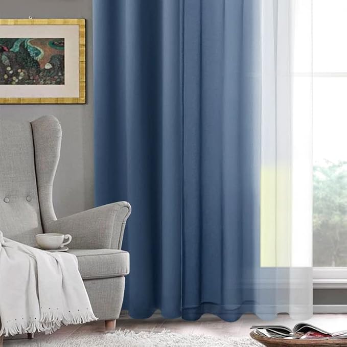 DWCN Blue Faux Linen Ombre Sheer Curtains - Image 8
