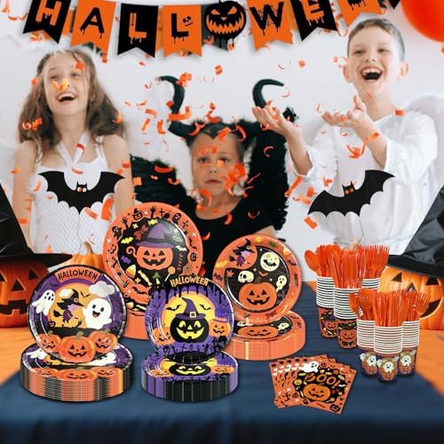 UJoyant 350 PCS Halloween Plates and Napkins Sets, Halloween Party Supplies Includes Disposable Plates Dessert Plates Napkins Cups Plastic Knives Forks Spoons Disposable Dinnerware Set (50 Guest) - Image 4