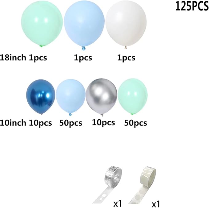 125pcs Blue Green Macaron Balloon and Metallic Blue Silver Balloon Garland Kit - Image 2