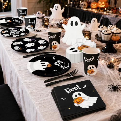 Hey Boo Plates and Napkins - 144Pcs Halloween Ghost Black Boo Tableware Cute Halloween Party Supplies - Image 5