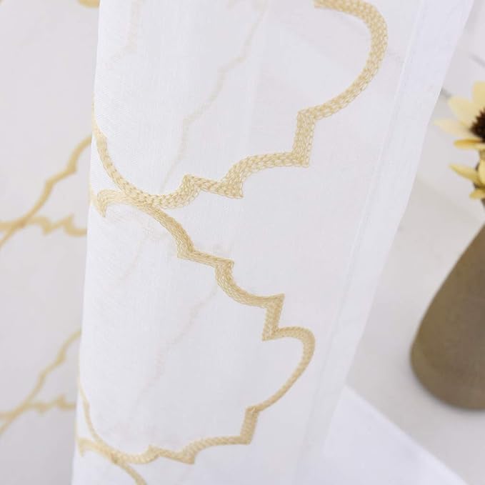 Embroidered Moroccan Tile Lattice Design Gold Sheer Curtains 84 Inch Long, Rod Pocket Sheer Drapes for Living room, Bedroom, 2 Panels, 52"x84", Semi Voile Window Treatments for Yard, Villa, Parlor.