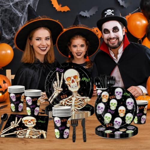 168pcs Halloween Plates Napkins Skeleton Plates Halloween Party Supplies - Image 5