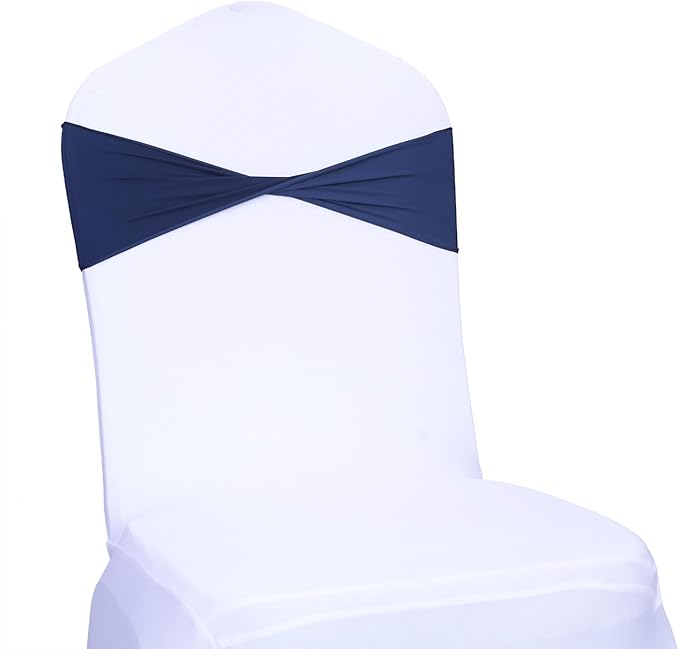 MDS Pack of 150 Spandex Chair Sashes Bows Elastic Stretch Dining Chair Bands Ties Without Slider Buckle Universal fits for Wedding Baby Shower Birthday Party Banquet Event Decoration - Navy Blue