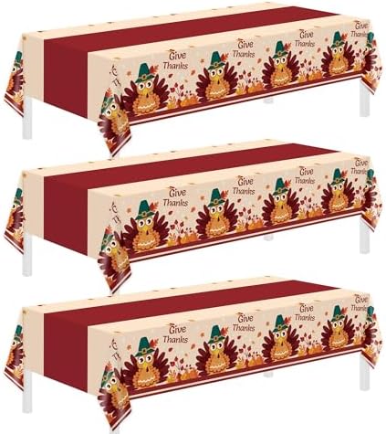 Thanksgiving Tablecloth,3 Pack Disposable Plastic Tablecloths for Rectangle Tables 54"x108",Thanksgiving Decorations,Turkey Table Cloths for Home,Dinner,Give Thanks Table Cover for Picnic,Birthday by Childom