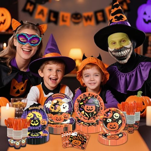 UJoyant 350 PCS Halloween Plates and Napkins Sets, Halloween Party Supplies Includes Disposable Plates Dessert Plates Napkins Cups Plastic Knives Forks Spoons Disposable Dinnerware Set (50 Guest) - Image 6