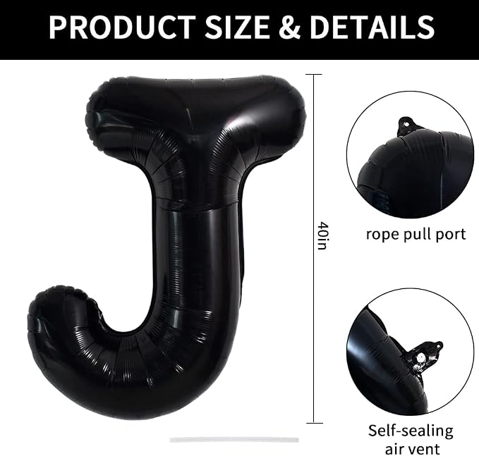 TONIFUL 40 Inch Large Black J Letter Balloons, Jumbo Helium Balloons - Image 2