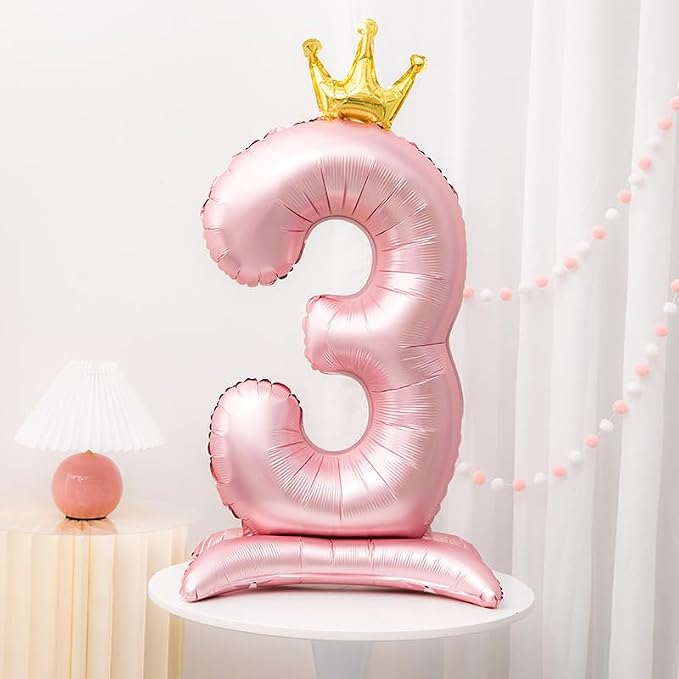 Pink Crown Number 3 Balloon Standing Pink Princess digital 3 Foil Balloon | - Image 5