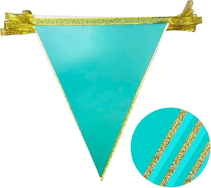 Teal Aqua Blue and Gold Party Decorations Pennant Banner Flag Hanging Glitter - Image 3