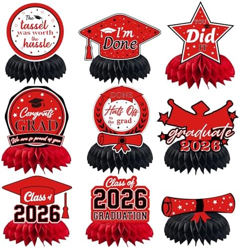 Graduation Decorations 2026 2027 - Red Graduation Honeycomb for Table Centerpiece | Graduation Party Decorations Class of 2026,Table Toppers for Graduation Party Favors Supplies Indoor Outdoor by OHOME